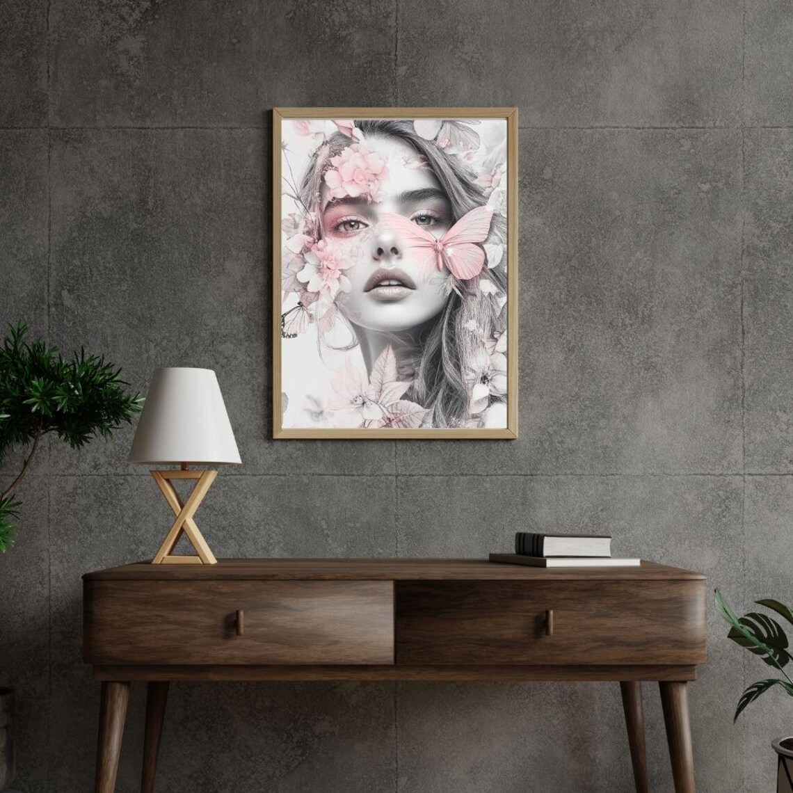 Dreamy Woman With Pink Butterfly And Flowers Surreal Portrait Poster - Image 3