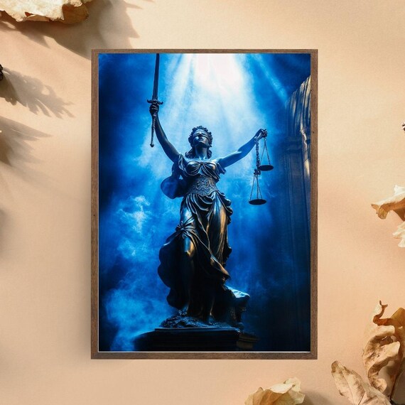 Lady Justice Statue Blue Scales Sword Powerful Legal Dramatic Art Poster