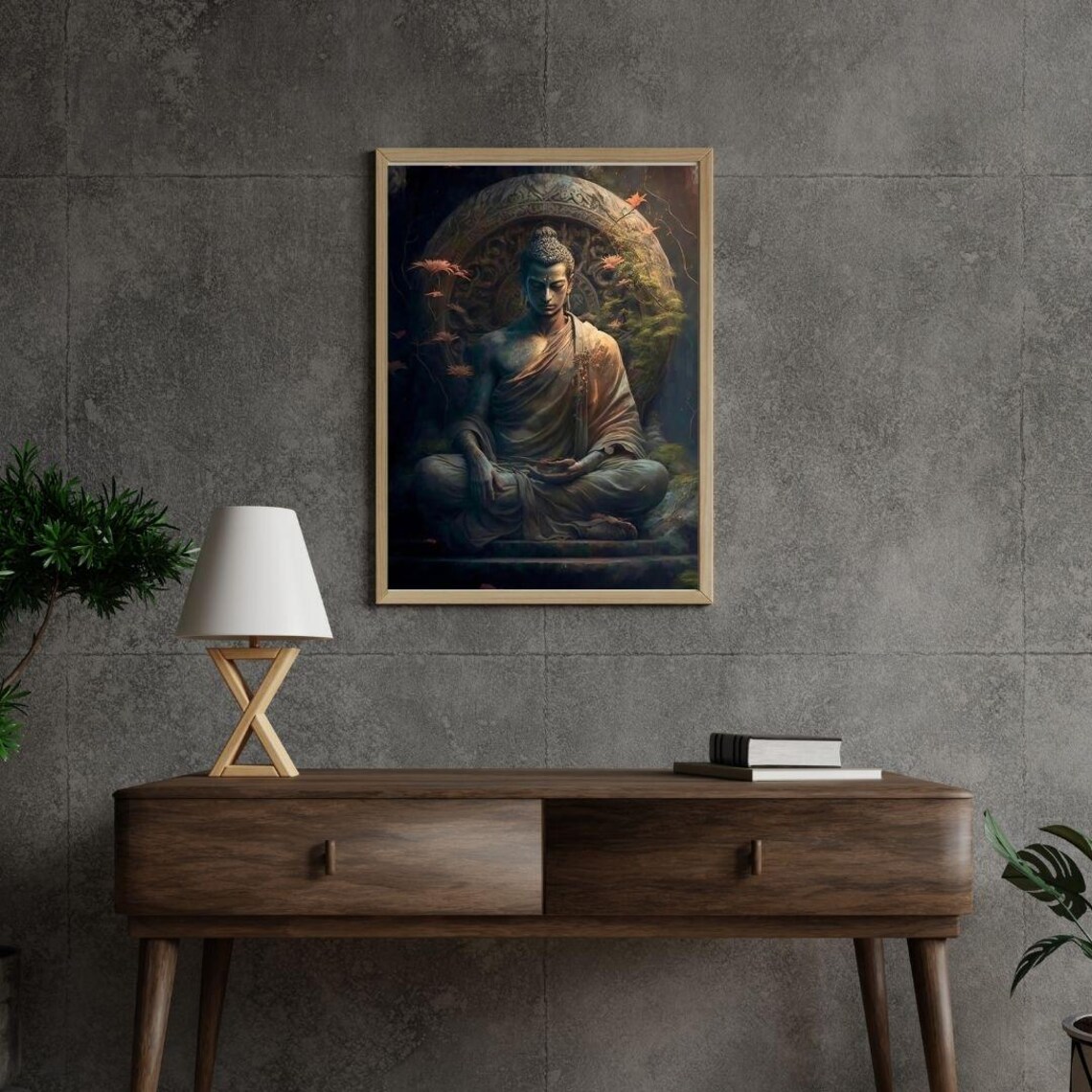 Tranquil Meditating Buddha Statue Zen Spiritual Dark Floral Wall Art Poster - Image 3