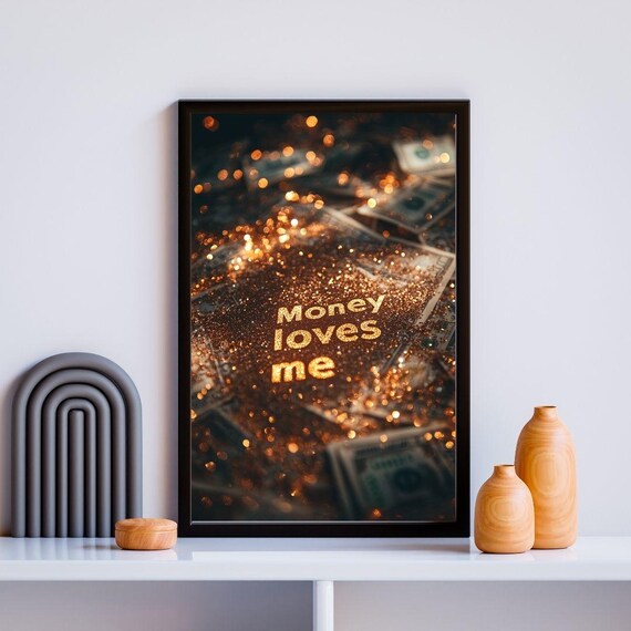 Money Loves Me Gold Glitter Affirmation Dark Wealth Mindset Poster