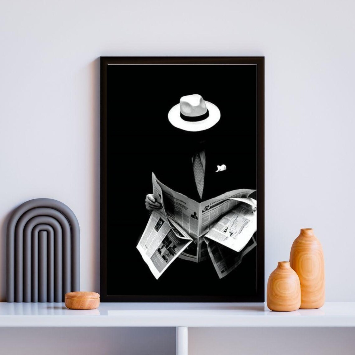 Mysterious Man In White Fedora Reading Newspaper Black White Noir Wall Poster - Image 2