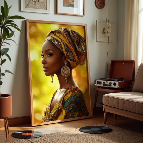 African Woman Print Elegant Headwrap Gold Jewelry Art Vibrant Cultural Portrait Ethnic Wall Decor For Home Office