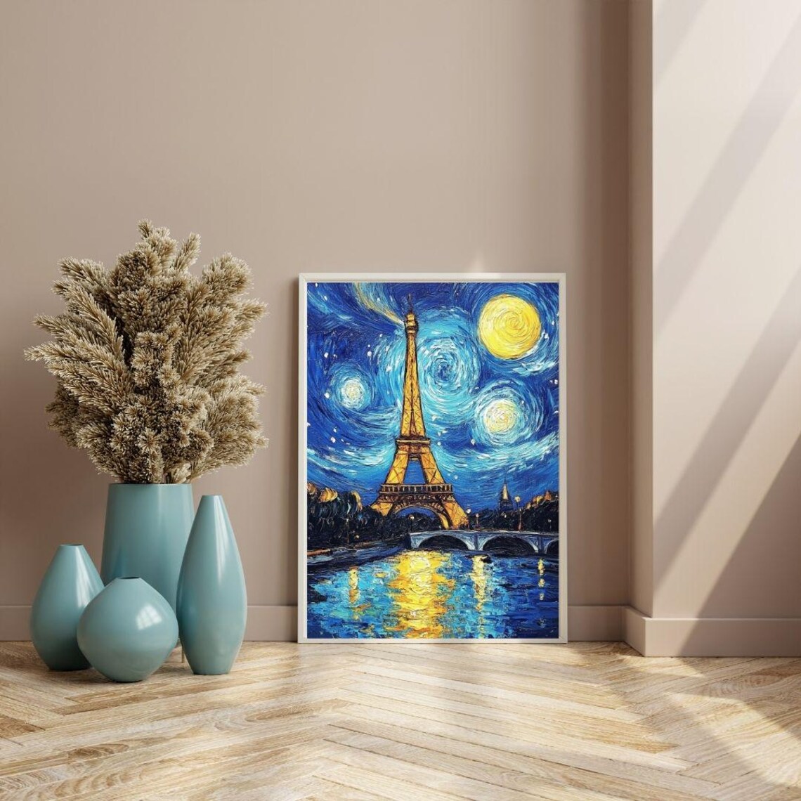 Eiffel Tower Starry Night Van Gogh Style Seine Reflection Paris Art Poster - Image 3