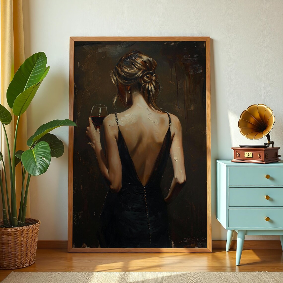 Elegant Woman In Black Gown Holding Wine Glass Romantic Evening Poster - Image 2
