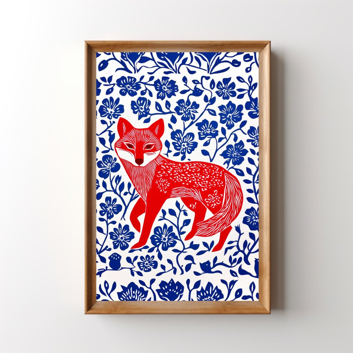 Vivid Red Fox Folk Art Linocut Blue Floral Woodland Scene Poster - Image 3