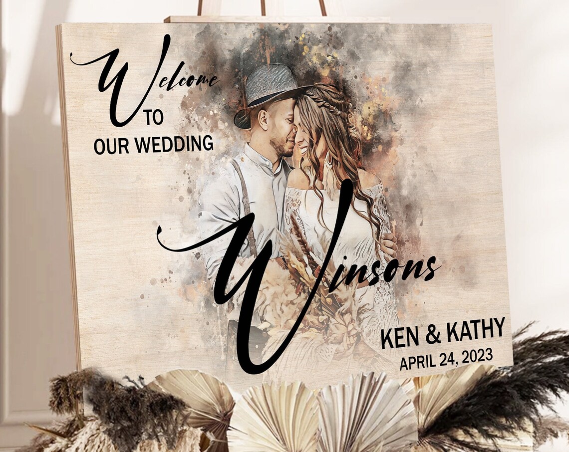 Custom Wedding Welcome Sign Couple Portrait Names Date Poster