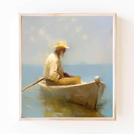 Old Fisherman in Rowboat on Calm Water Impressionist Coastal Poster