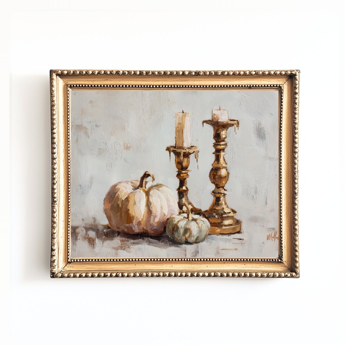 Vintage Pumpkin Candle Still Life Painting Rustic Autumn Decor