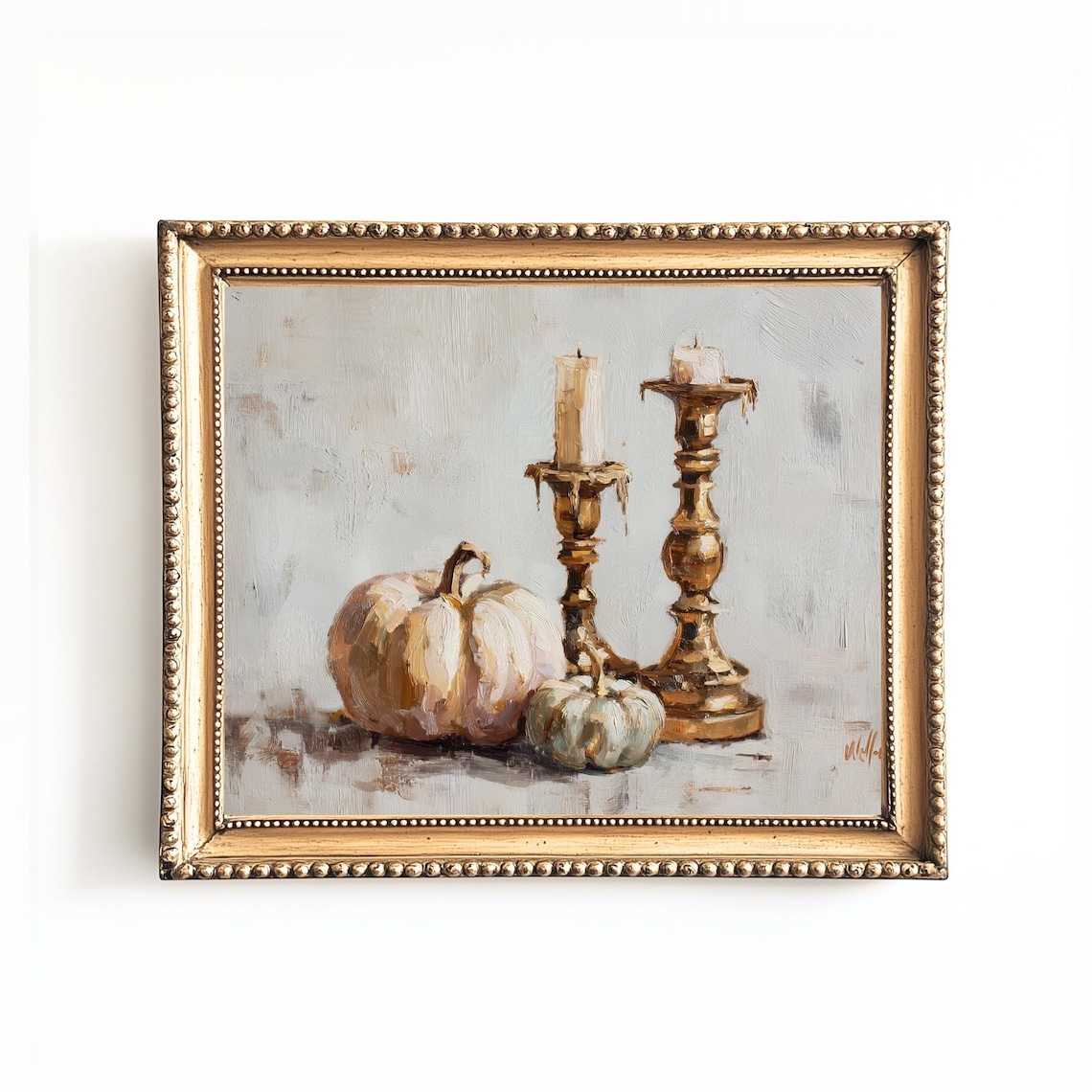 White Pumpkin And Brass Candlesticks Still Life Painting Art Print