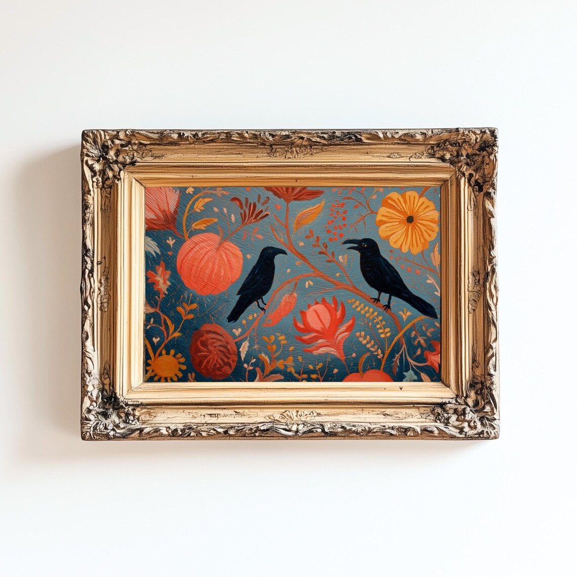 Black Crows Halloween Poster Print, Antique Floral Autumn Decor