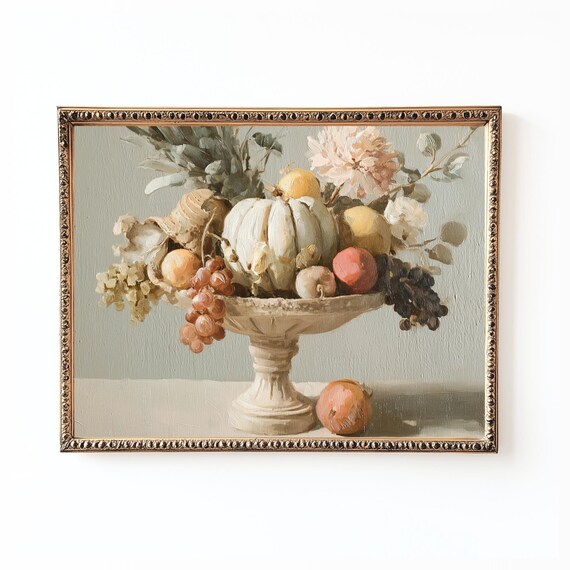 Vintage Pumpkin Still Life Painting Rustic Autumn Kitchen Decor