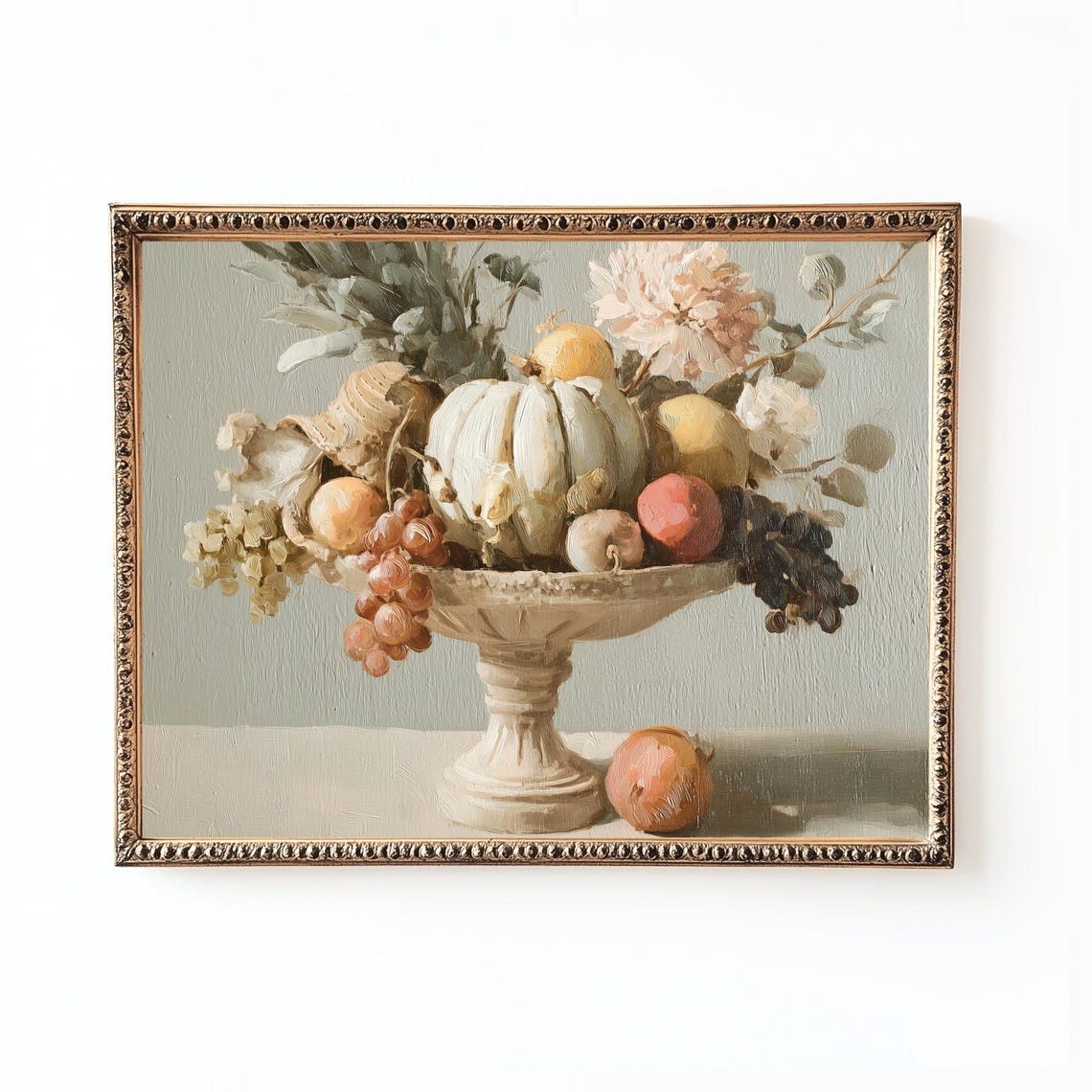 Fall Harvest Still Life Pumpkins Grapes Citrus In Pedestal Bowl Print