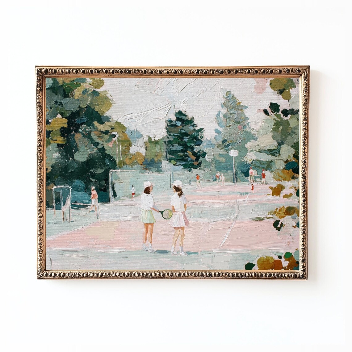 Pink Tennis Court Impressionist Painting Women Playing Tennis Poster