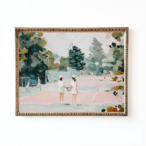 Pink Tennis Court Art Print Vintage Impressionist Style