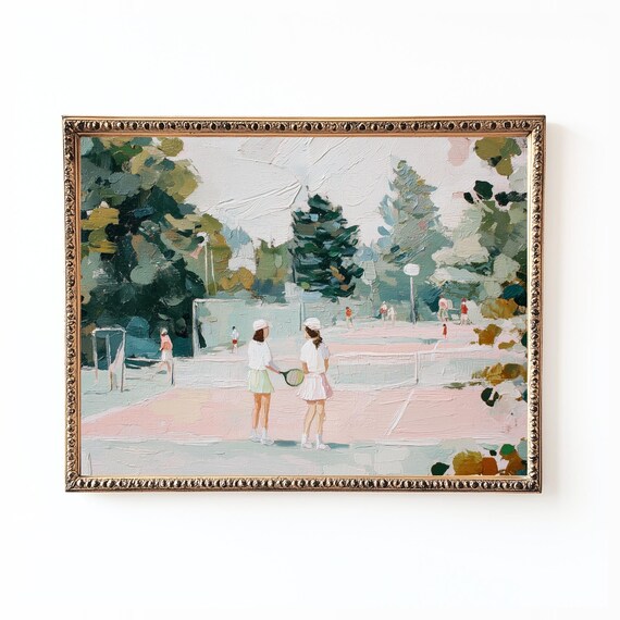 Pink Tennis Court Impressionist Painting Women Playing Tennis Poster