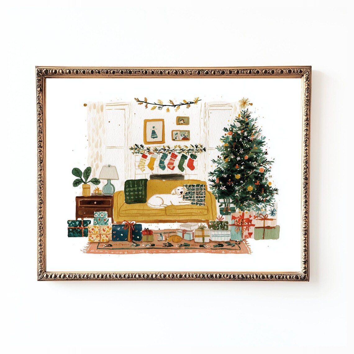 Cozy Christmas Living Room Dog On Sofa, Art Print