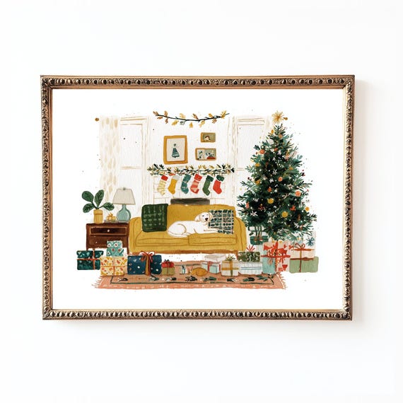 Cozy Christmas Living Room Dog On Sofa, Art Print