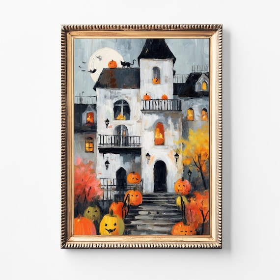 Haunted House Halloween Poster Print, Black Cat