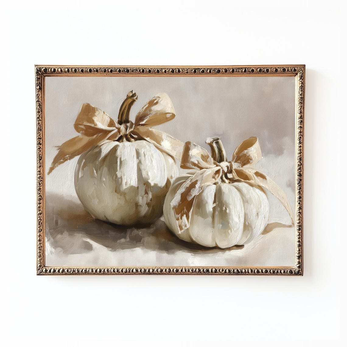 White Pumpkins With Gold Bows Autumn Still Life Painting Poster