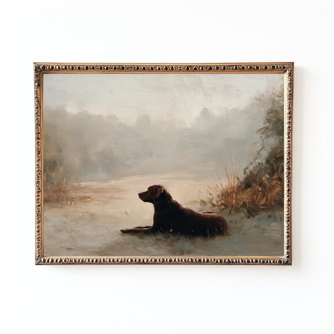 Chocolate Labrador Resting on a Misty Lakeside Shore Vintage Poster