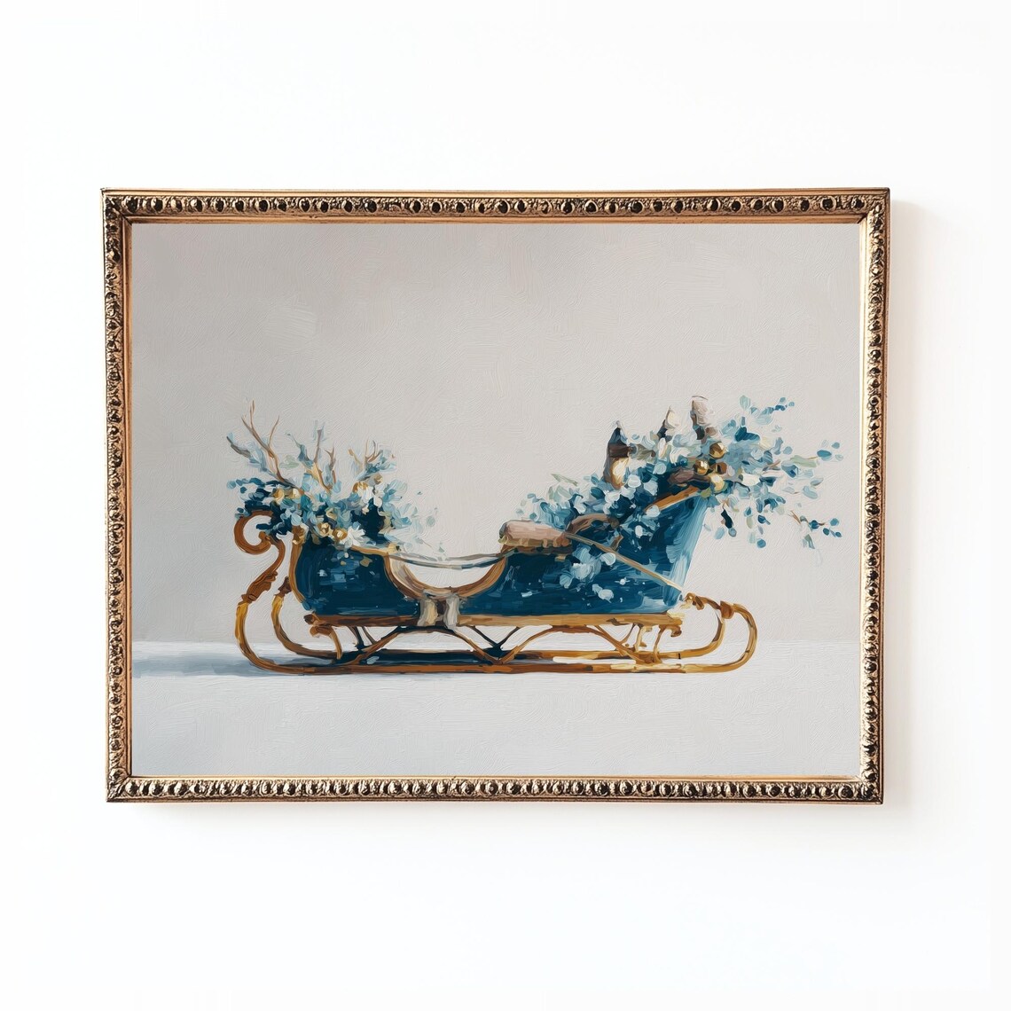 Blue Santa Sleigh, Modern Vintage Christmas Art Print