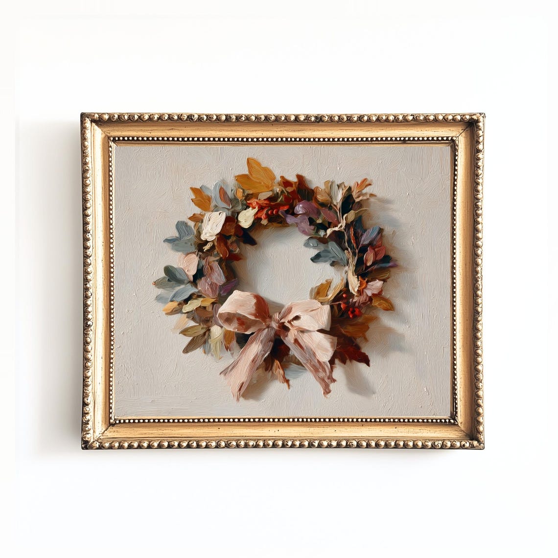 Autumn Wreath With Blush Bow Fall Leaves Oil Painting Poster