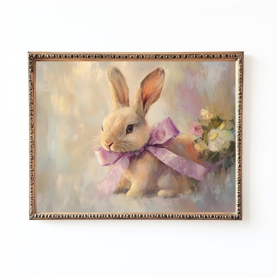 Vintage Easter Bunny Print Pastel Nursery Wall Art