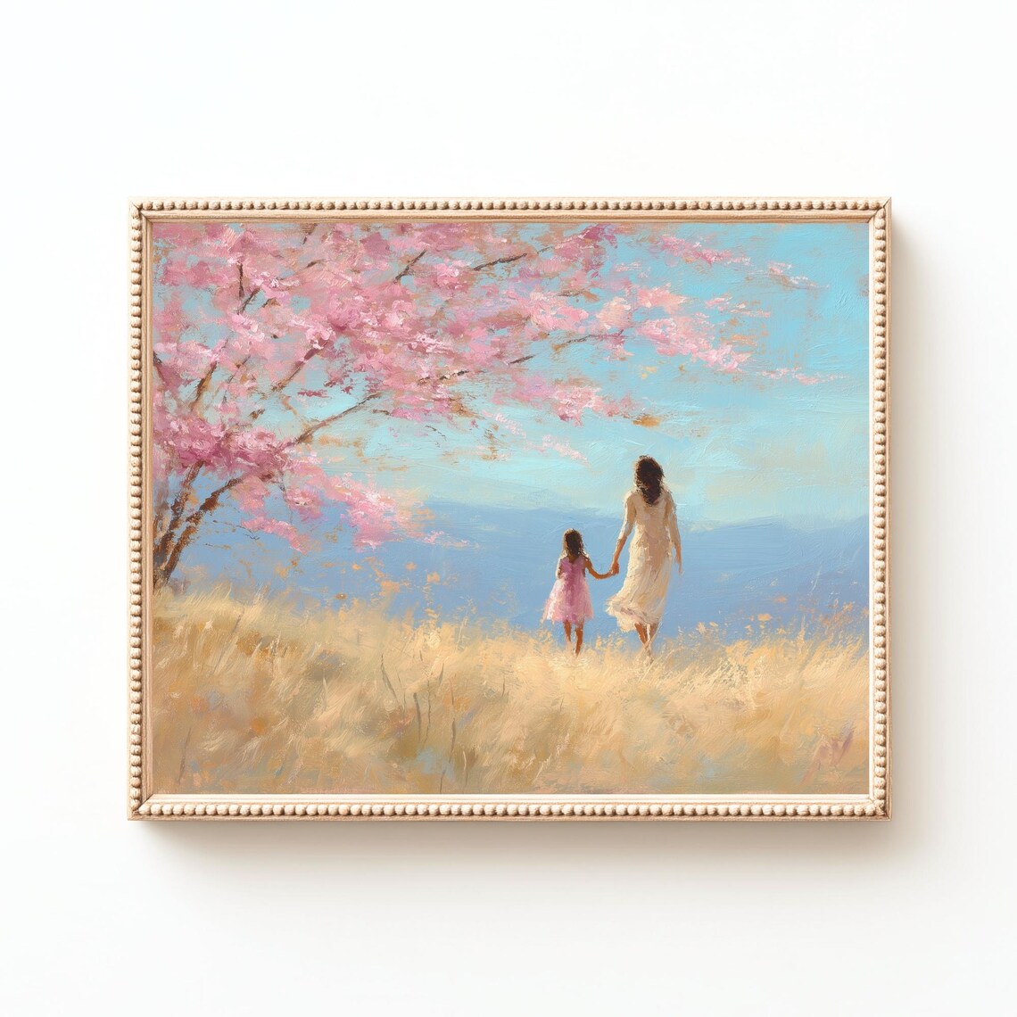 Mother And Daughter Cherry Blossom Meadow Walk Family Art Print