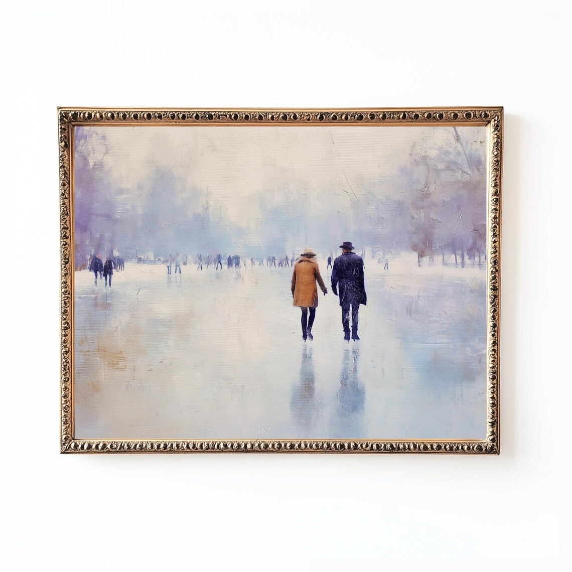 Ice Skating Couple Art Print, Pastel Winter Park