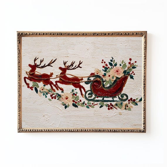 Santa Sleigh Reindeer Christmas Print, Vintage Decor