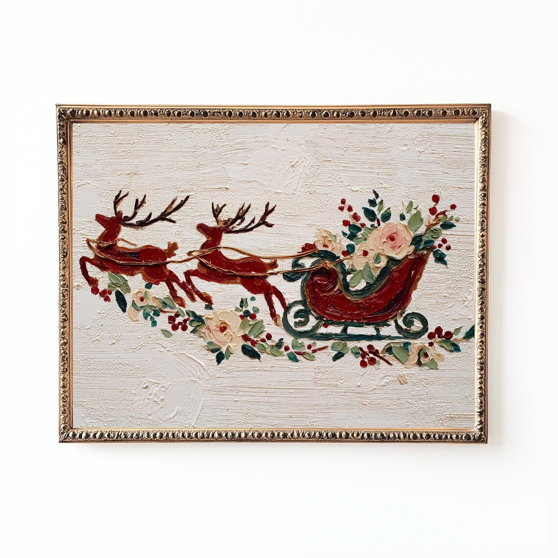 Santa Sleigh Reindeer Christmas Print, Vintage Decor