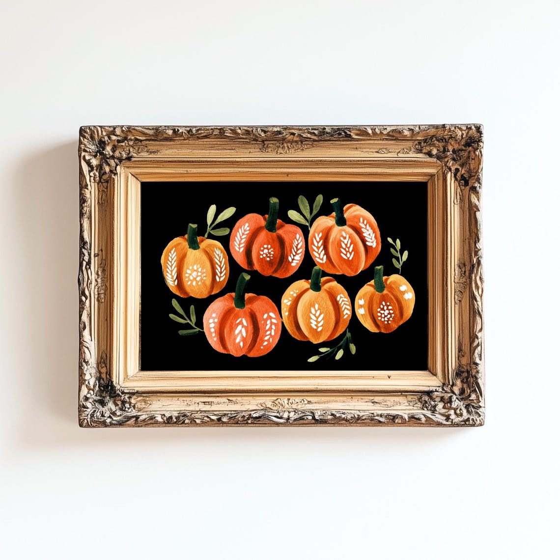 Orange Folk Art Pumpkins On Black Fall Harvest Farmhouse Print