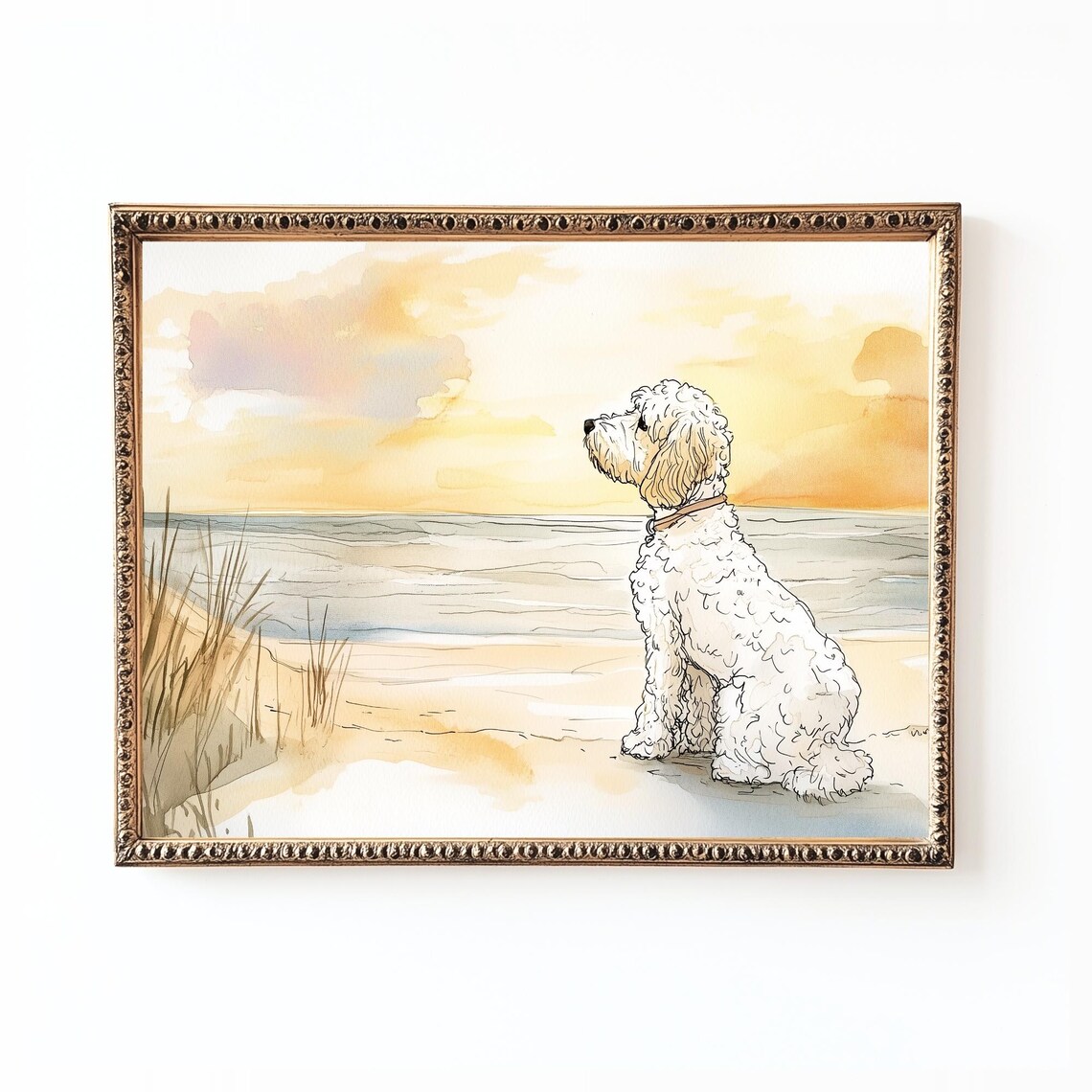Golden Doodle Puppy Beach Sunset Watercolor Coastal Art Poster