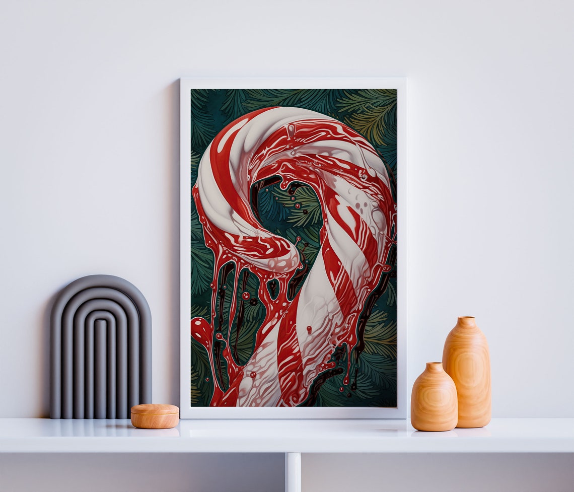 Melting Candy Cane Red Swirls Dark Teal Pine Modern Christmas Wall Art - Image 3