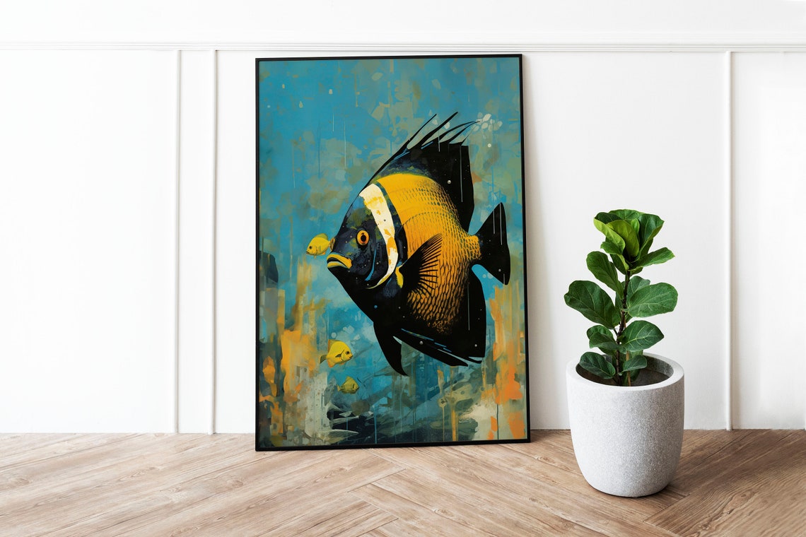 Queen Angelfish Teal Painted Tropical Reef Ocean Wildlife Poster - Image 3