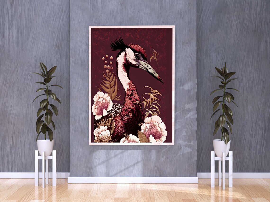 Japanese Crane Poster Oriental Red Crowned Bird With Peony Flowers
