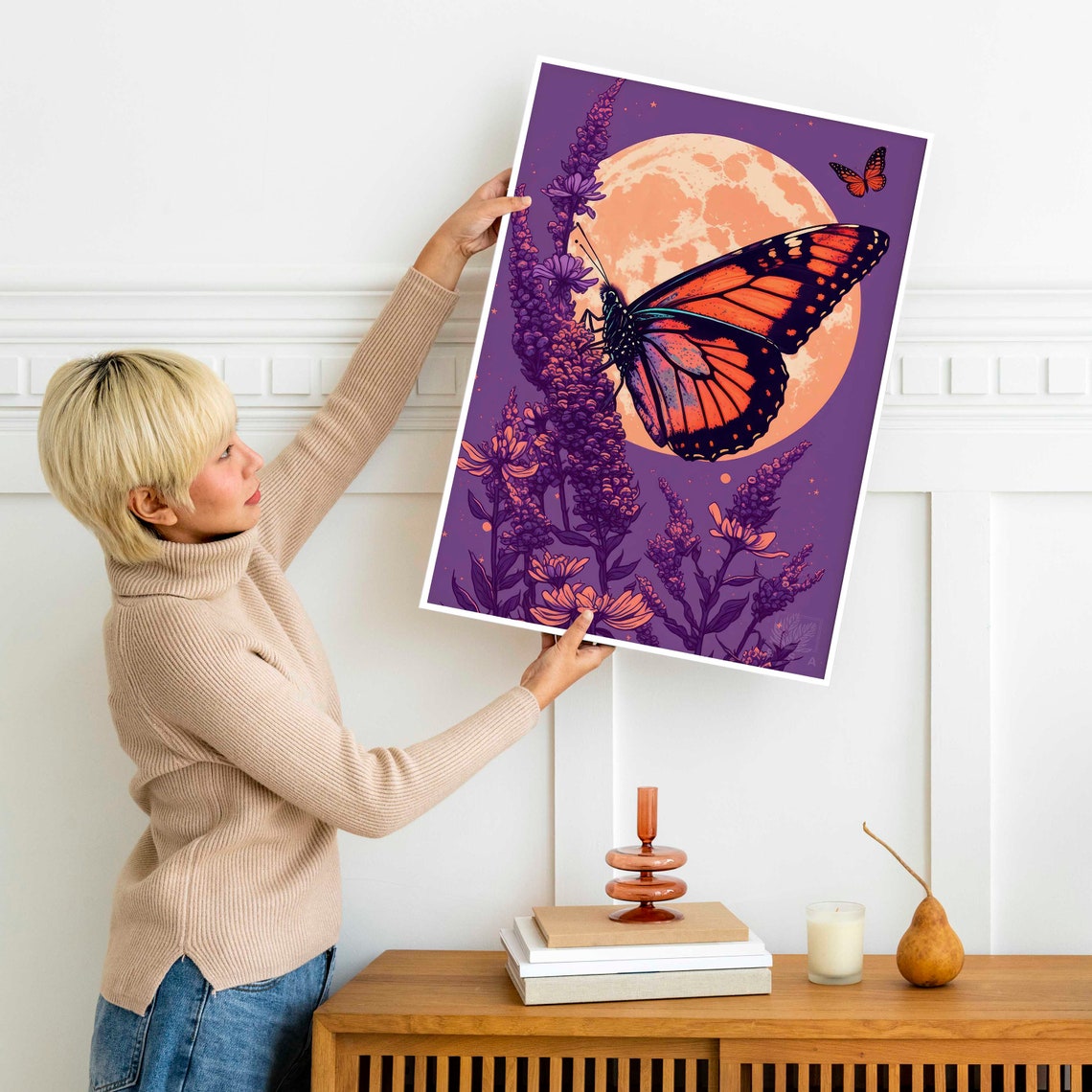 Monarch Butterfly Moon Poster Purple Night Lavender Floral Decor - Image 3