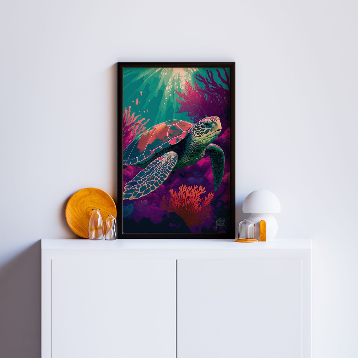 Sea Turtle Gliding Past Sunlit Coral Garden Ocean Scene Poster - Image 4