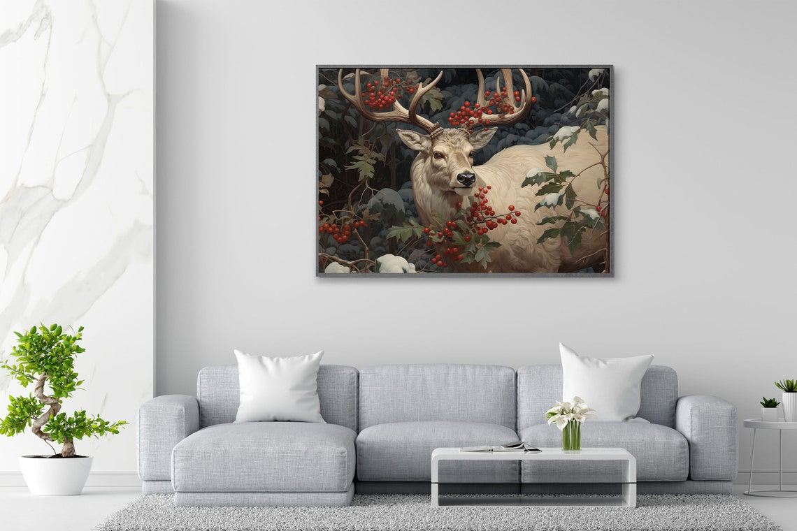 White Reindeer Red Berries Snowy Moonlit Woodland Christmas Poster - Image 2