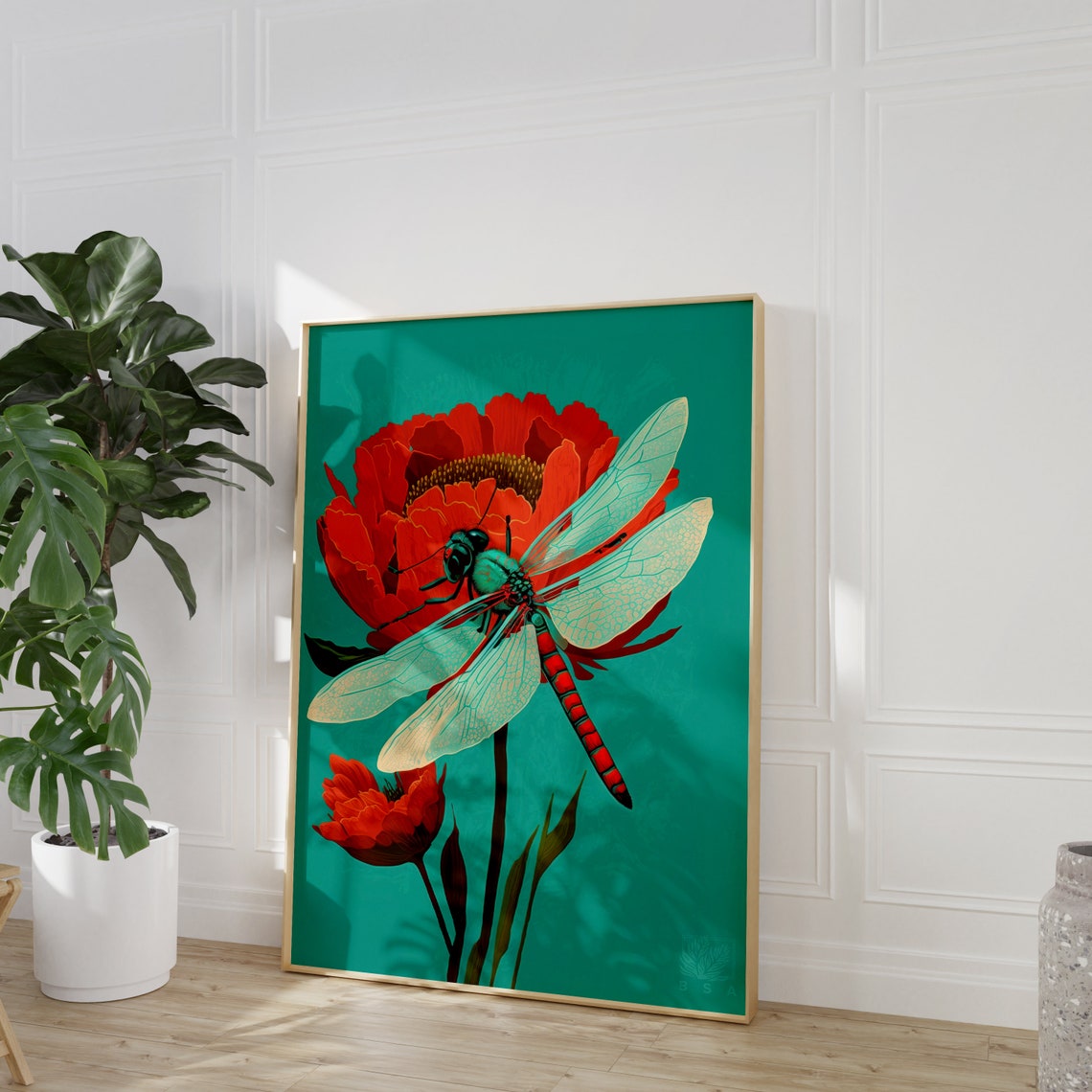 Teal Dragonfly On Red Poppy Bold Botanical Insect Art Poster - Image 2