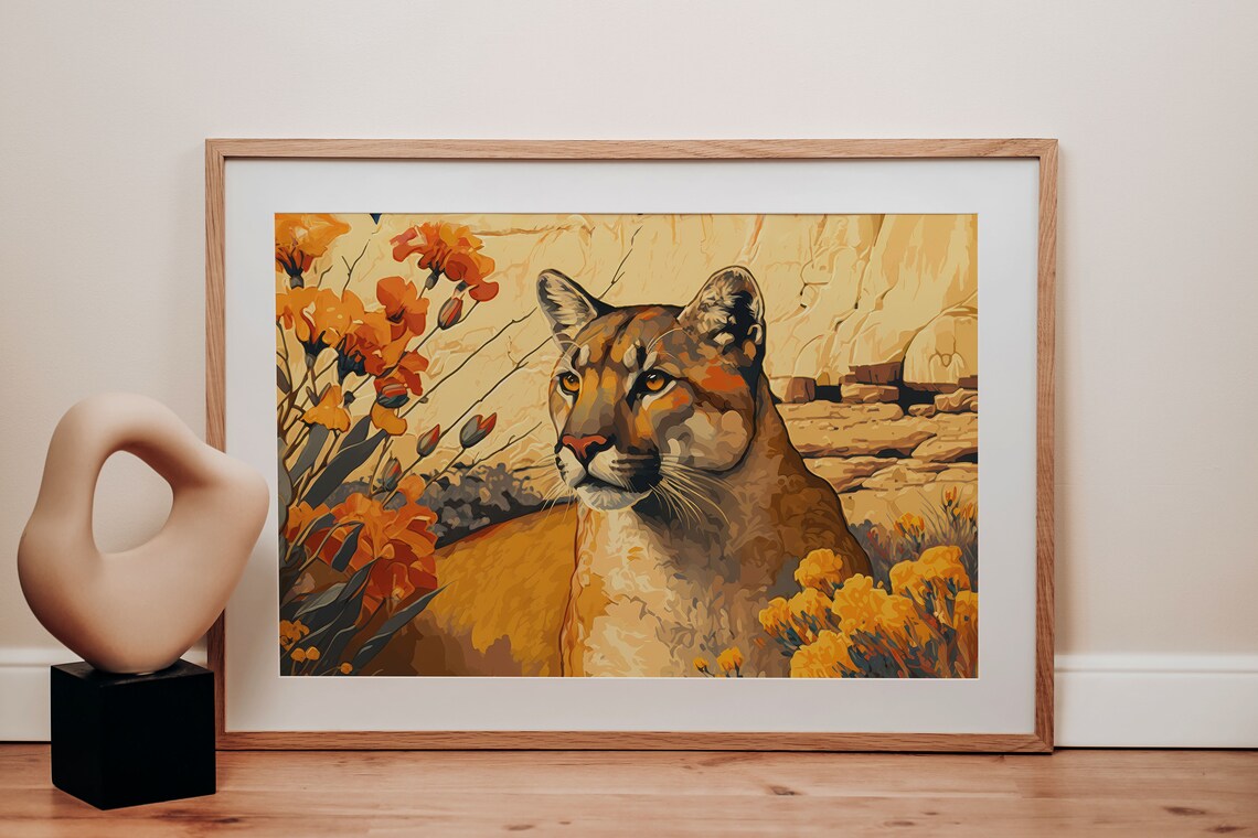 Mountain Lion Wild Poppies Desert Canyon Botanical Wildlife Poster