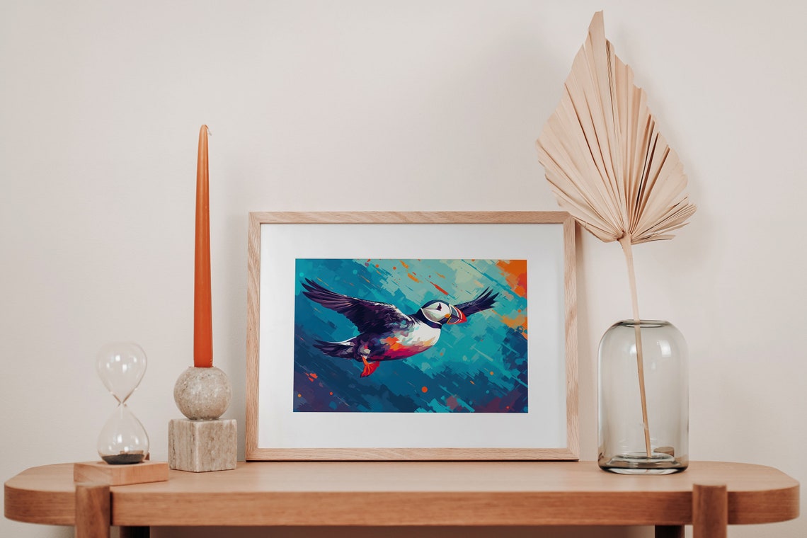 Atlantic Puffin In Flight Poster Turquoise Abstract Ocean Bird Art - Image 3