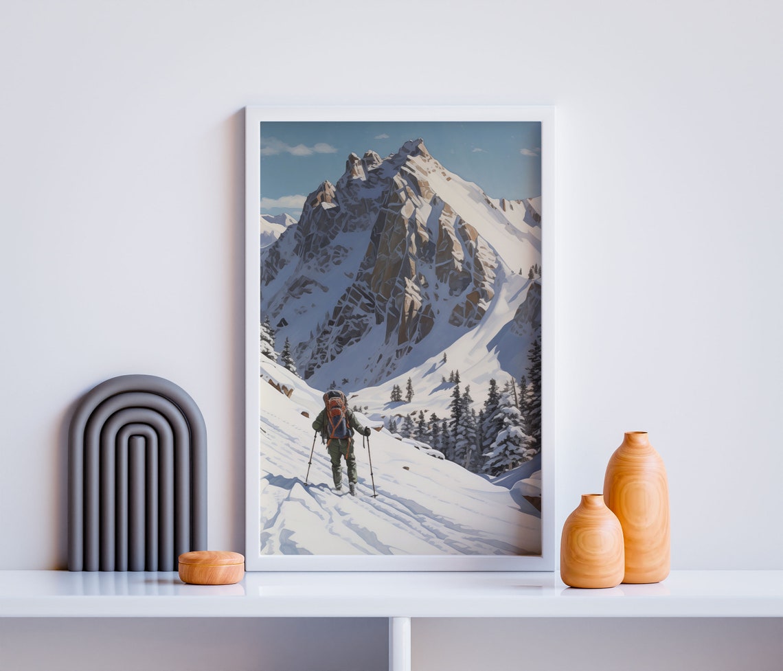 Backpacker Trekking Snowy Mountain Pass Alpine Adventure Wall Art - Image 2