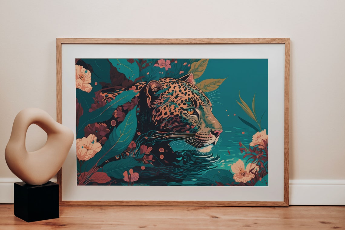 Jaguar Wading Tropical Lagoon Water Leaves Modern Jungle Poster