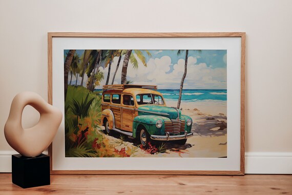 Vintage Turquoise Woodie Wagon Palm Beach Retro Travel Poster