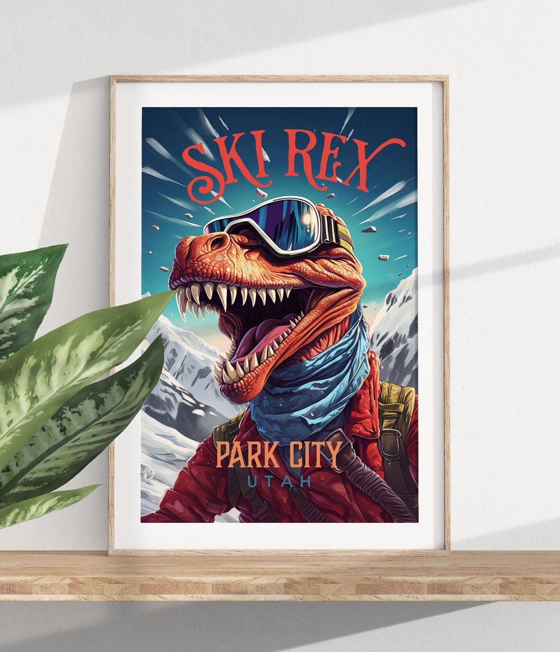 Ski Rex T Rex Park City Utah Funny Dinosaur Skiing Humor Wall Art - Image 2