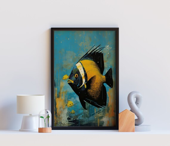 Queen Angelfish Ocean Art Watercolor Painting Undersea Reef Tropical Fish Wall Art Colored Pencil Art Coastal Home Art