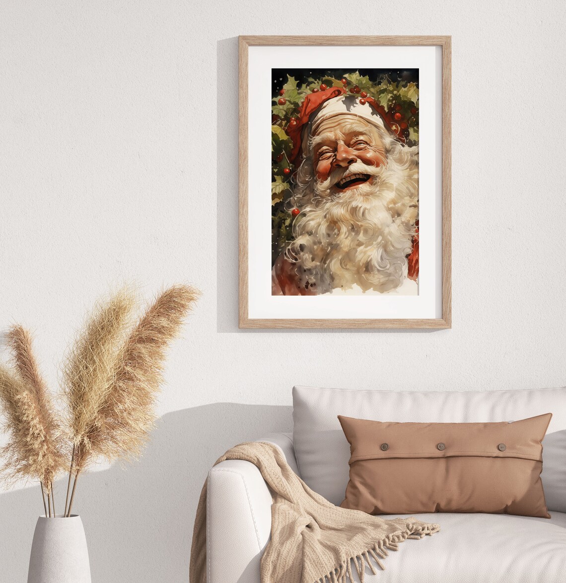 Laughing Santa Claus Watercolor Holly Berries Joyful Christmas Wall Art - Image 2