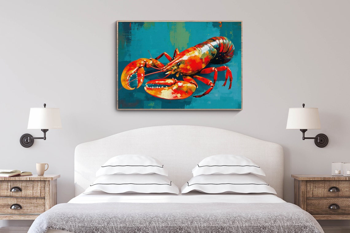 Red Lobster Oil Painting Poster Teal Background Coastal Kitchen Art - Image 3