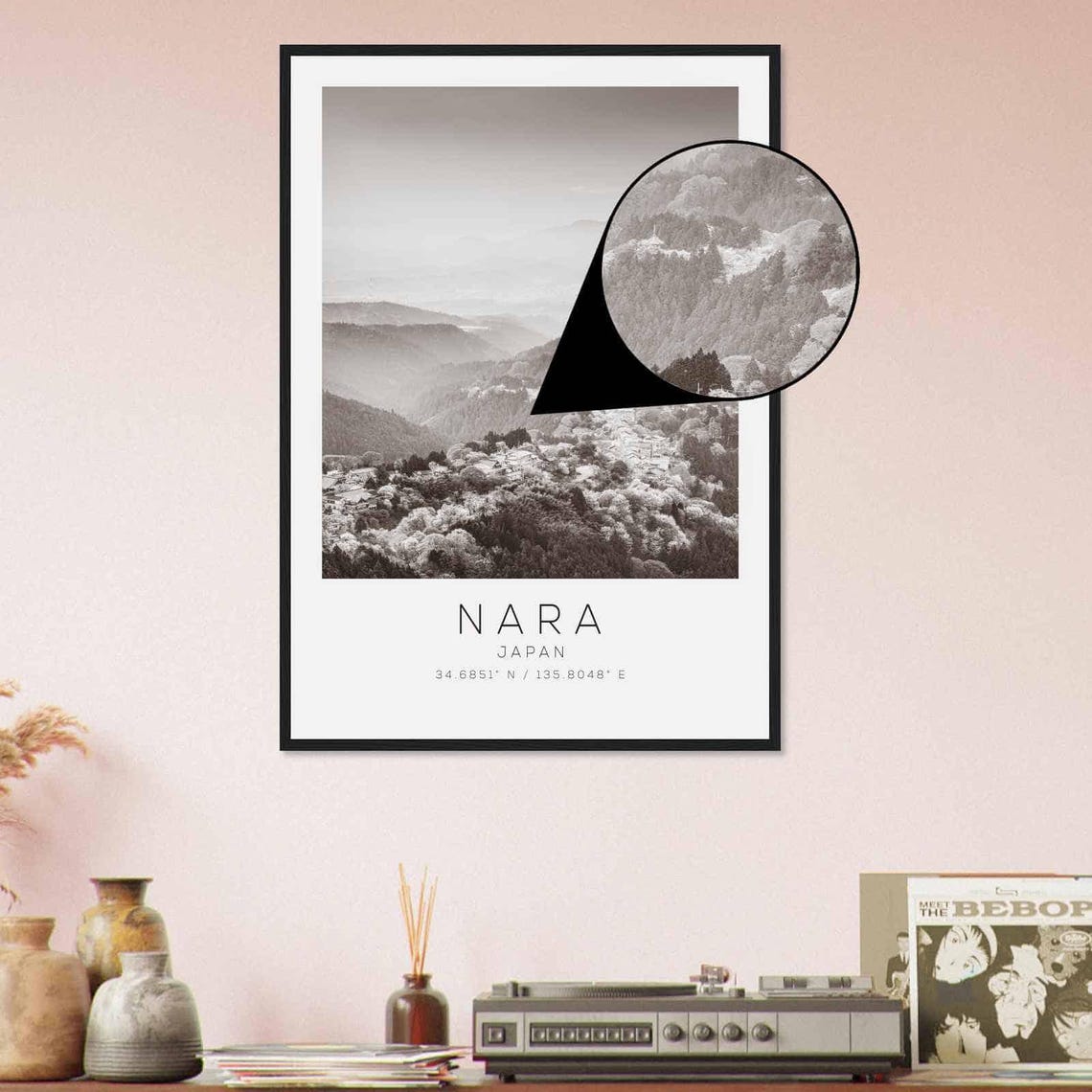 Nara Japan Misty Mountain Temples Black and White Photo Poster - Image 4